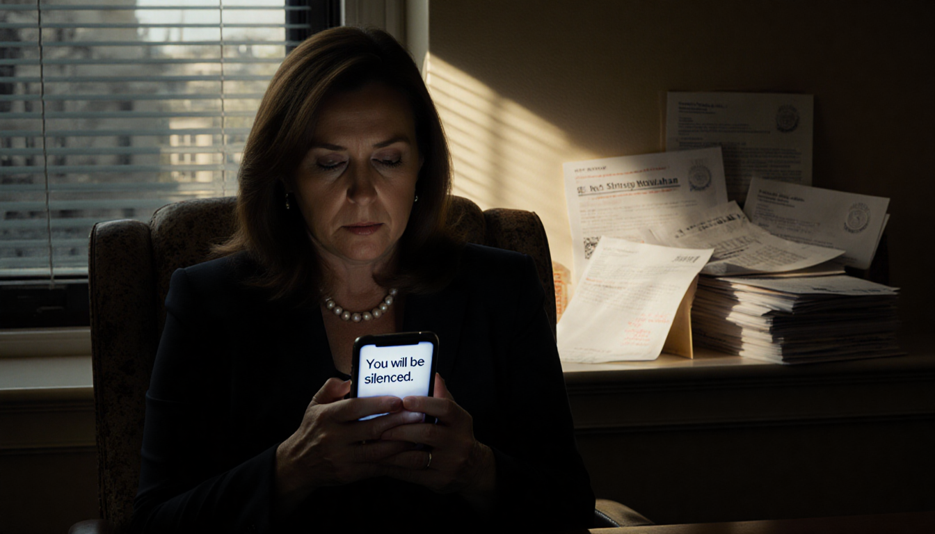 Rep. Chrissy Houlahan sits in dim office chair holding phone with morning light and stack of letters showing resilience while