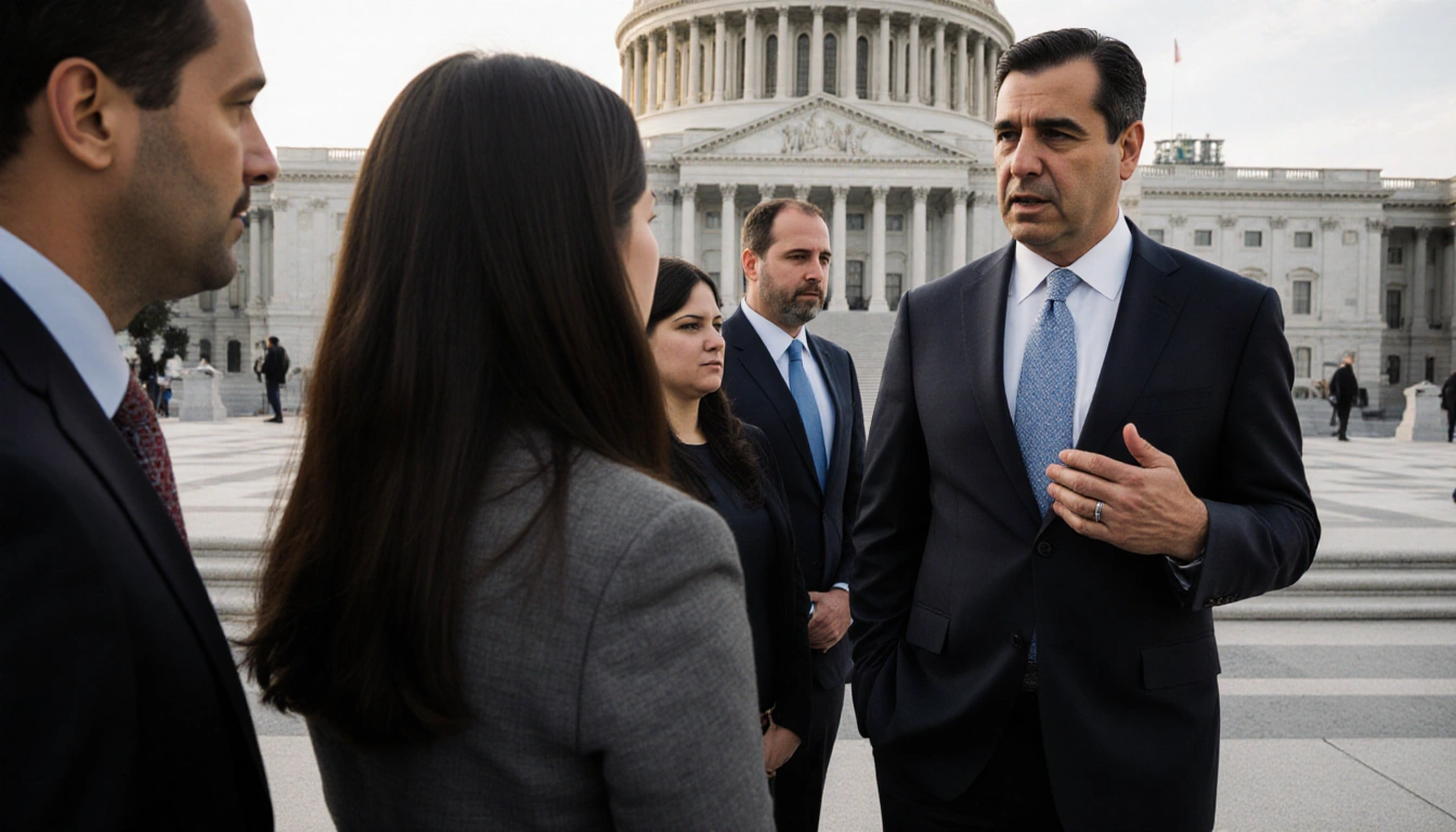 Representative Garcia speaking with a survivor on Capitol steps with lighting and a shield symbol.