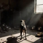 Rescue dog standing in front of cluttered breeder