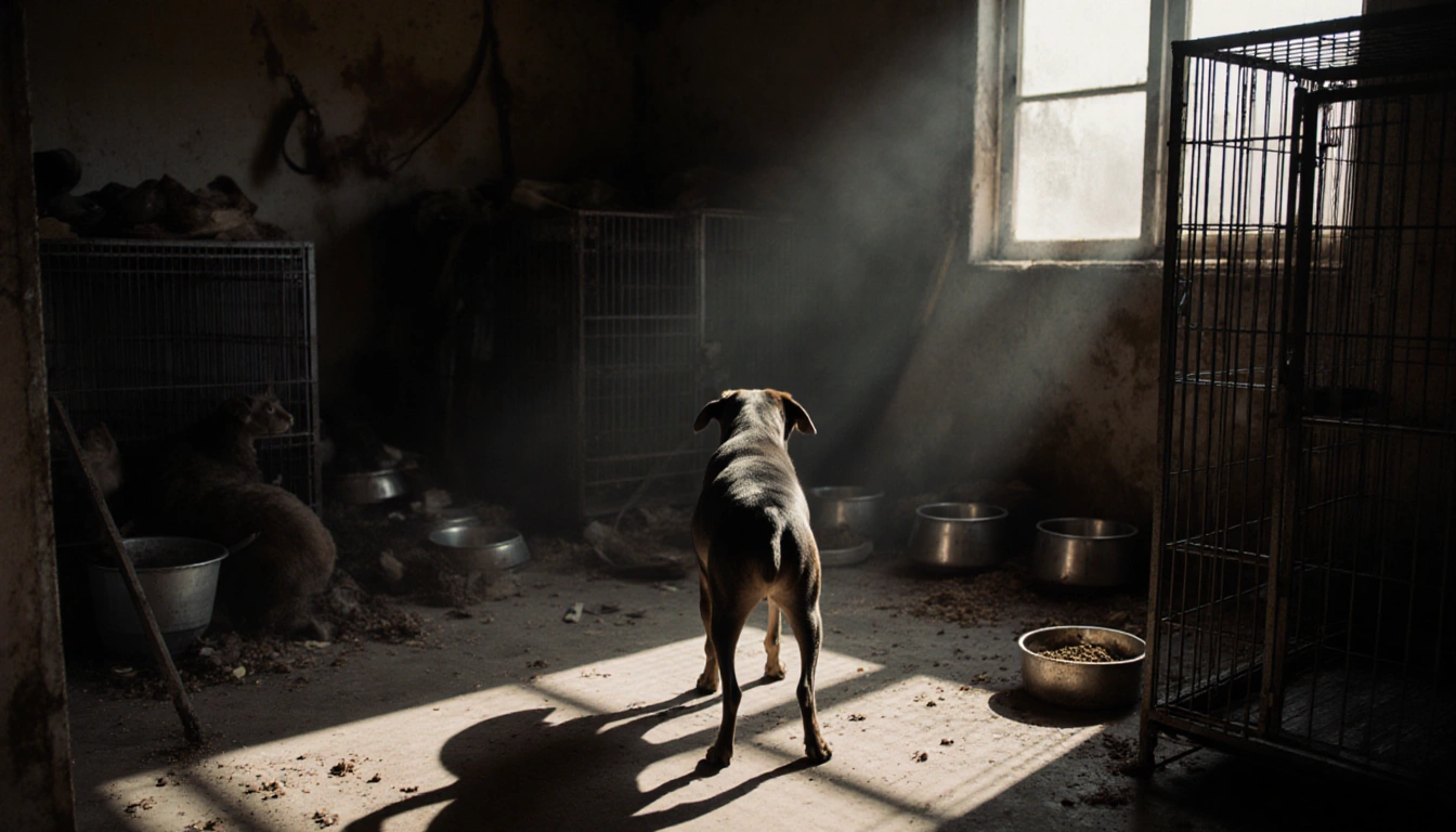 Rescue dog standing in front of cluttered breeder