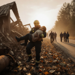 Rescuer cradles injured person with hopeful bystanders and sunlit barn backdrop.