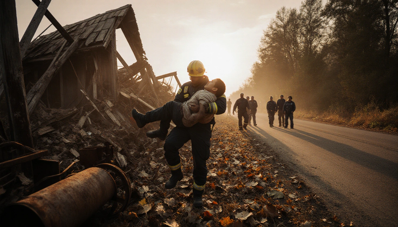 Rescuer cradles injured person with hopeful bystanders and sunlit barn backdrop.