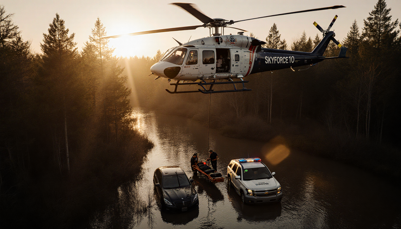 Medics airlifting injured patients with a SkyForce10 helicopter hovering above over a wooded crash scene.