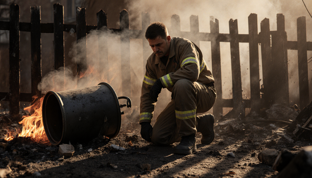 Rescue worker kneeling beside overturned trash can with smoke still rising from behind them near charred wooden fence.
