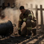 Rescue worker kneeling beside overturned trash can with smoke still rising from behind them near charred wooden fence.
