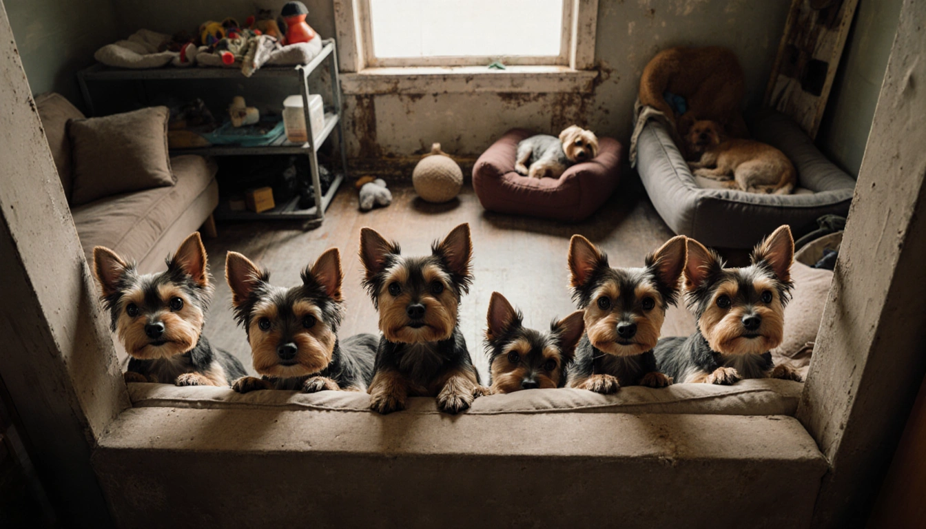 Nine Yorkshire terriers peeking from a cluttered North Philadelphia room with warm light from a grimy window and dog beds