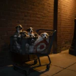 Eight rescued puppies look up from a faded Target bag in dark grey shopping cart with golden streetlamp light and brick wall