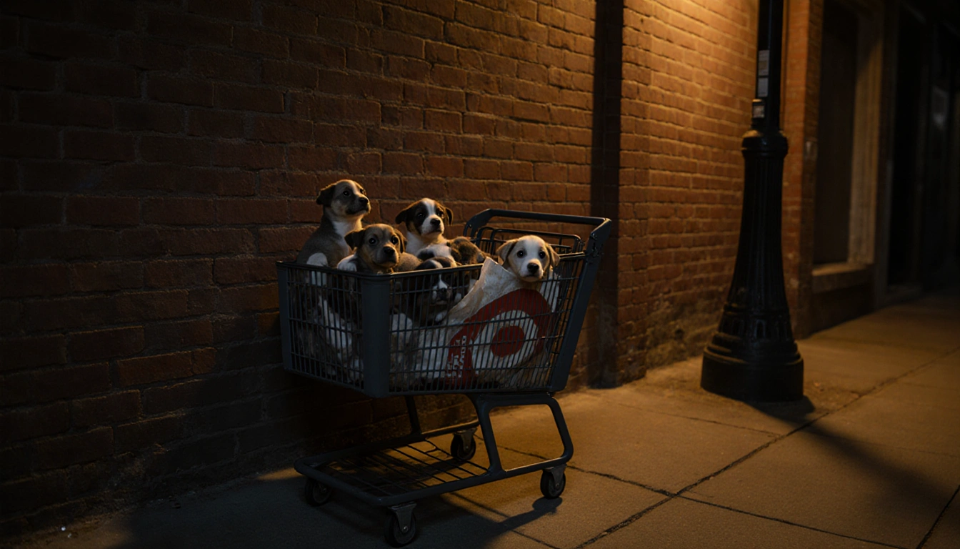 Eight rescued puppies look up from a faded Target bag in dark grey shopping cart with golden streetlamp light and brick wall