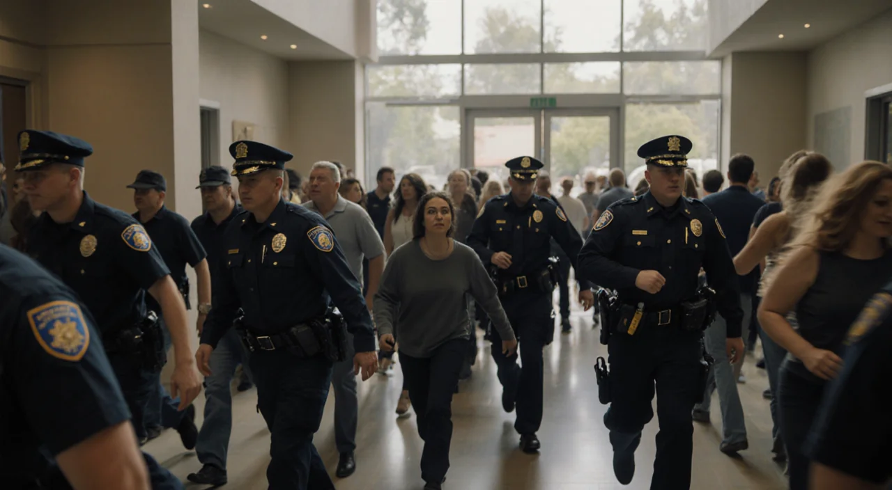 Firefighters and police evacuating residents from a residential building with urgency and chaos