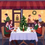 Diners sharing a holiday meal with festive table decorations and a warm glowing restaurant exterior.