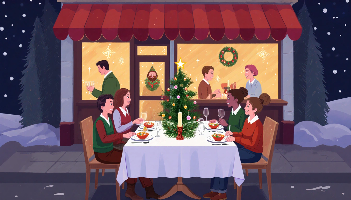 Diners sharing a holiday meal with festive table decorations and a warm glowing restaurant exterior.
