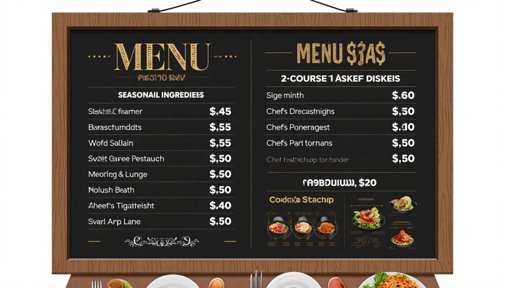 Menu board shows dinner at $45 and premium at $60 with seasonal ingredients on a tablecloth texture.
