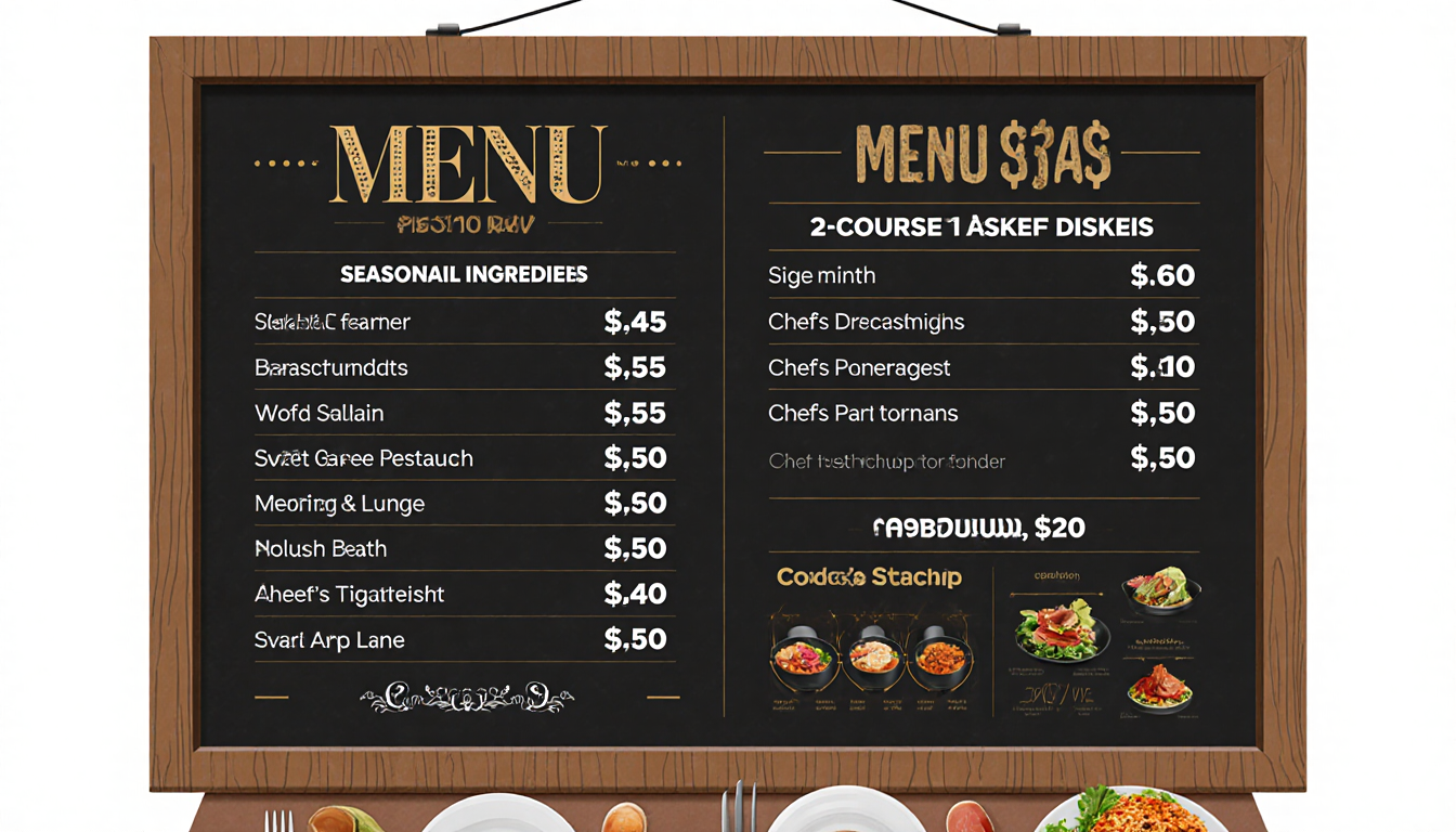 Menu board shows dinner at $45 and premium at $60 with seasonal ingredients on a tablecloth texture.