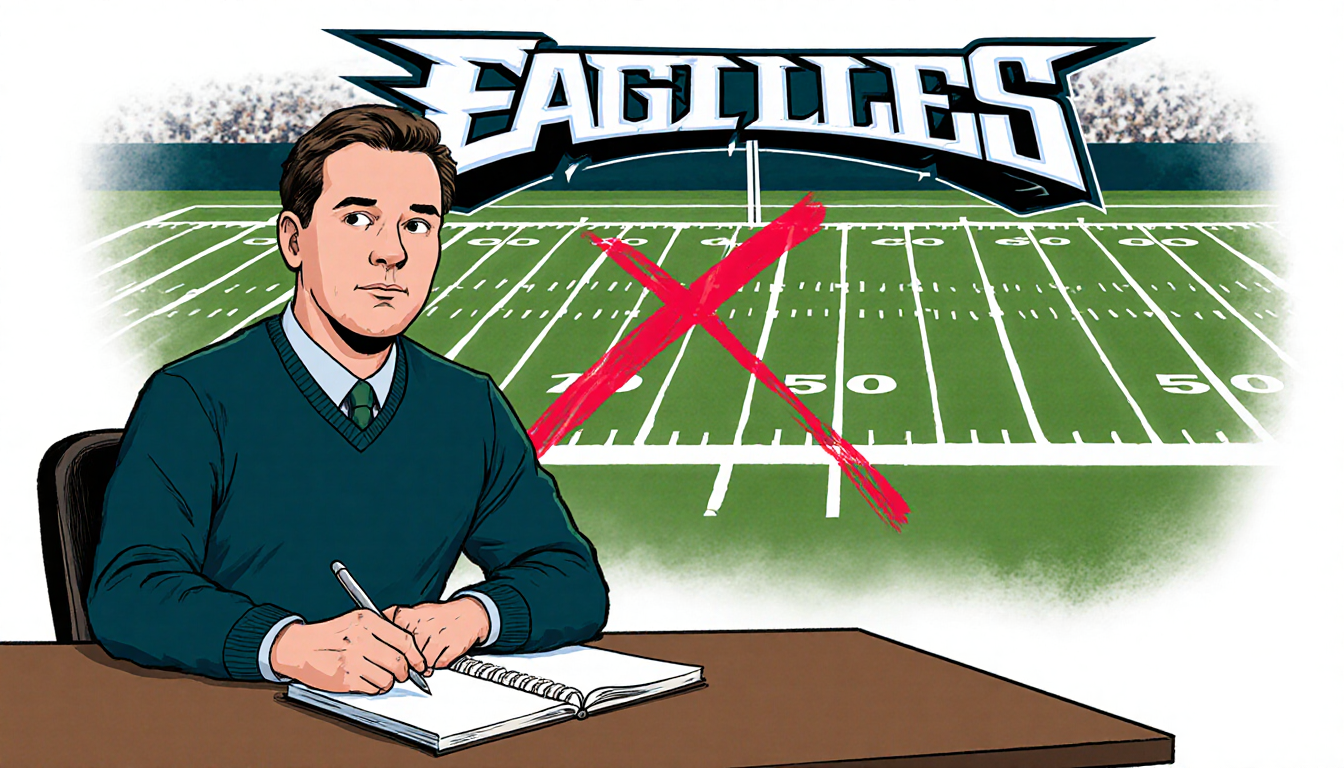 Reuben Frank writing notes at a desk with a football field and a red X marking the background and a faint Eagles logo.