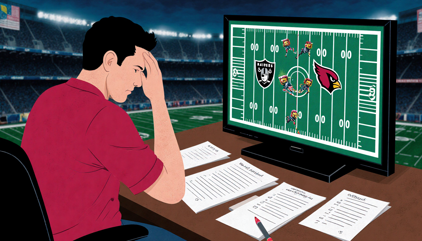 Reuben Frank sits at a football desk with hands on forehead watching a split‑screen NFL analysis on TV.