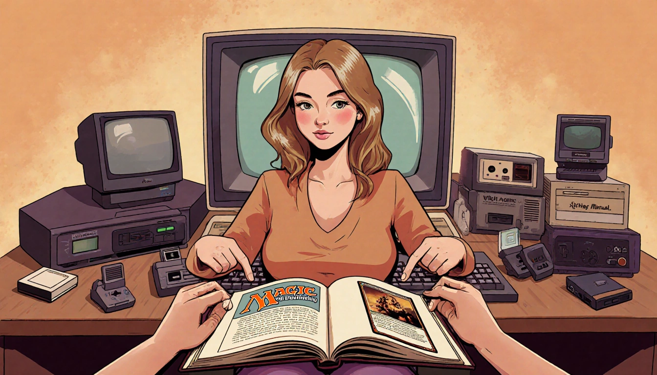 Rhea Seehorn gestures toward an open Magic: The Gathering manual while seated before a computer with retro gaming gear