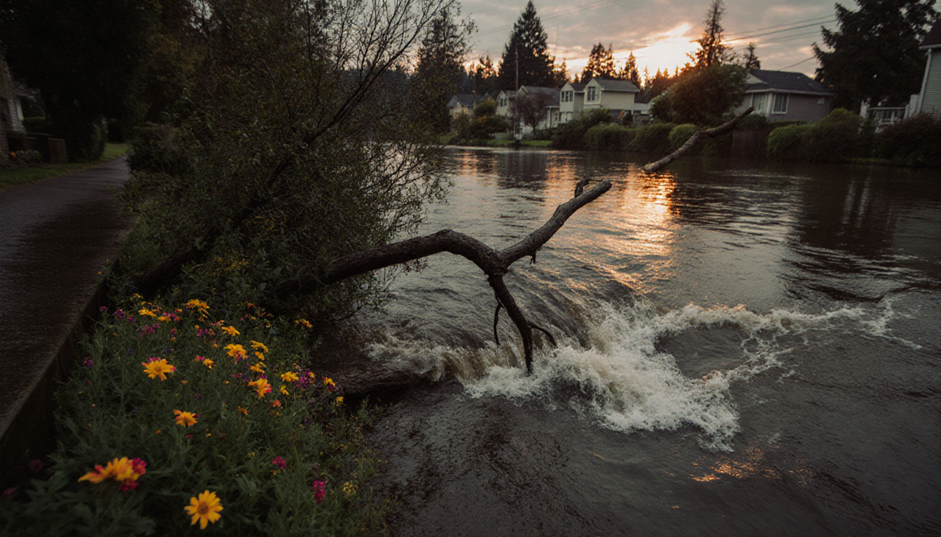 River flowing through submerged tree branch with lush green banks and faint flooded homes in distance