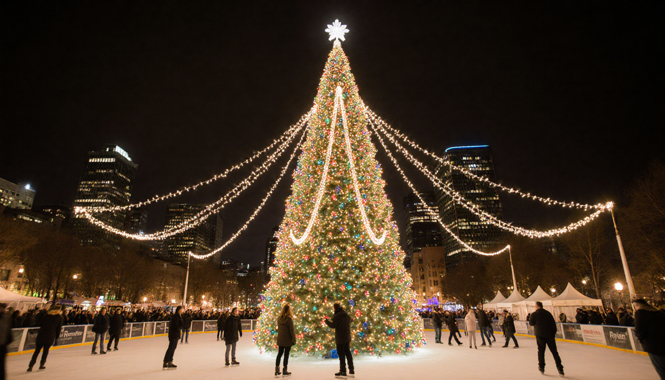 Concert performer setting up equipment near illuminated holiday tree with twinkling lights and Winterfest city skyline in bac