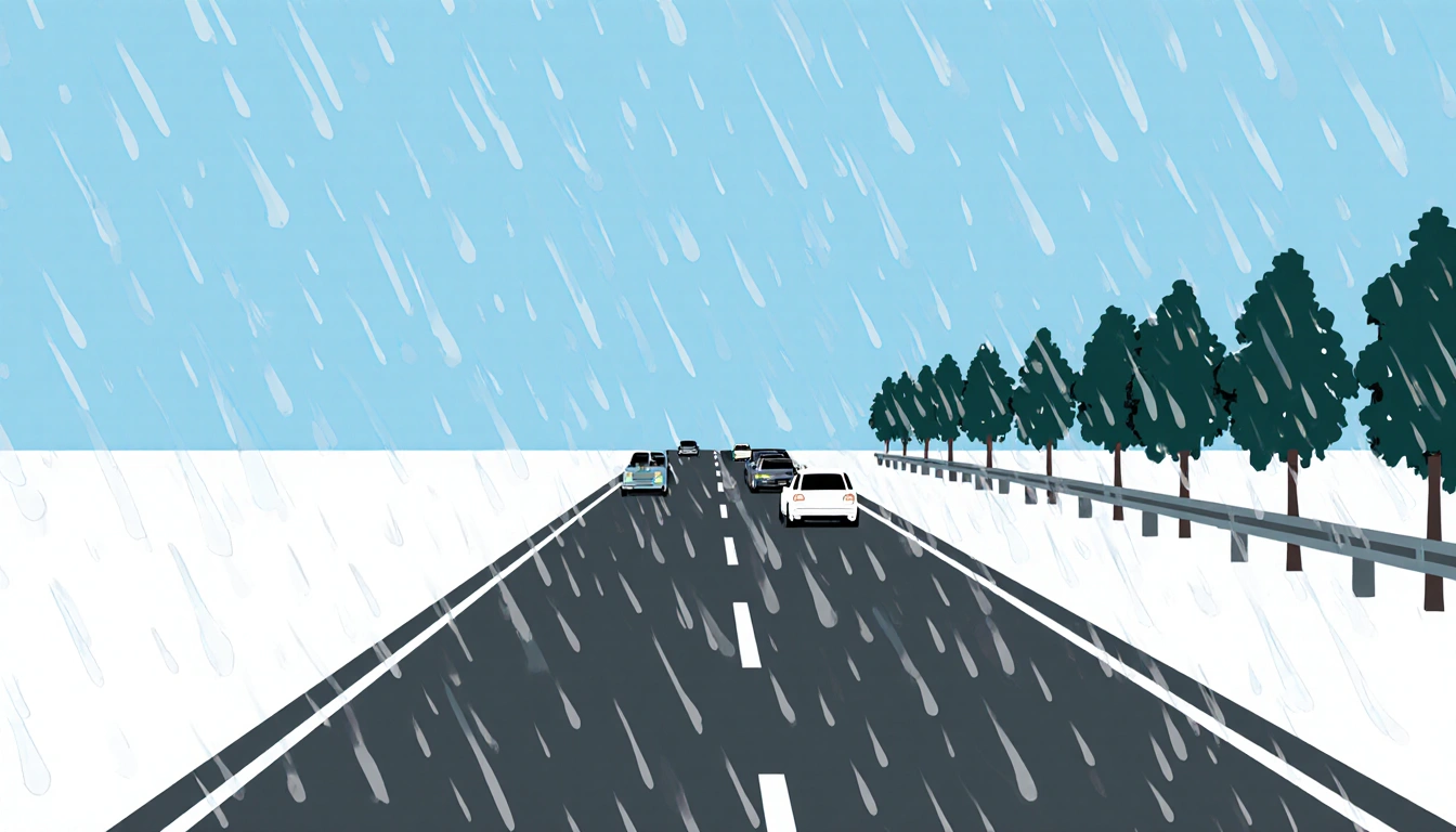 Road stretches into the distance with snow falling over a northern section and rain mixing.