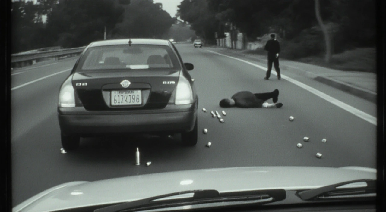 Surveillance footage shows car speeding past road rage scene with shell casings scattered and victim lying on the road