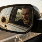 Driver shows anger with smeared rearview mirror reflecting a cracked windshield.