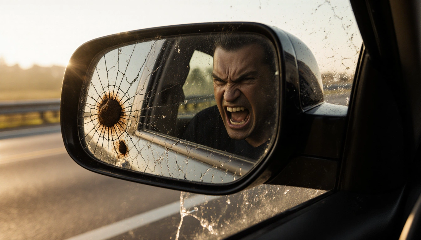 Driver shows anger with smeared rearview mirror reflecting a cracked windshield.