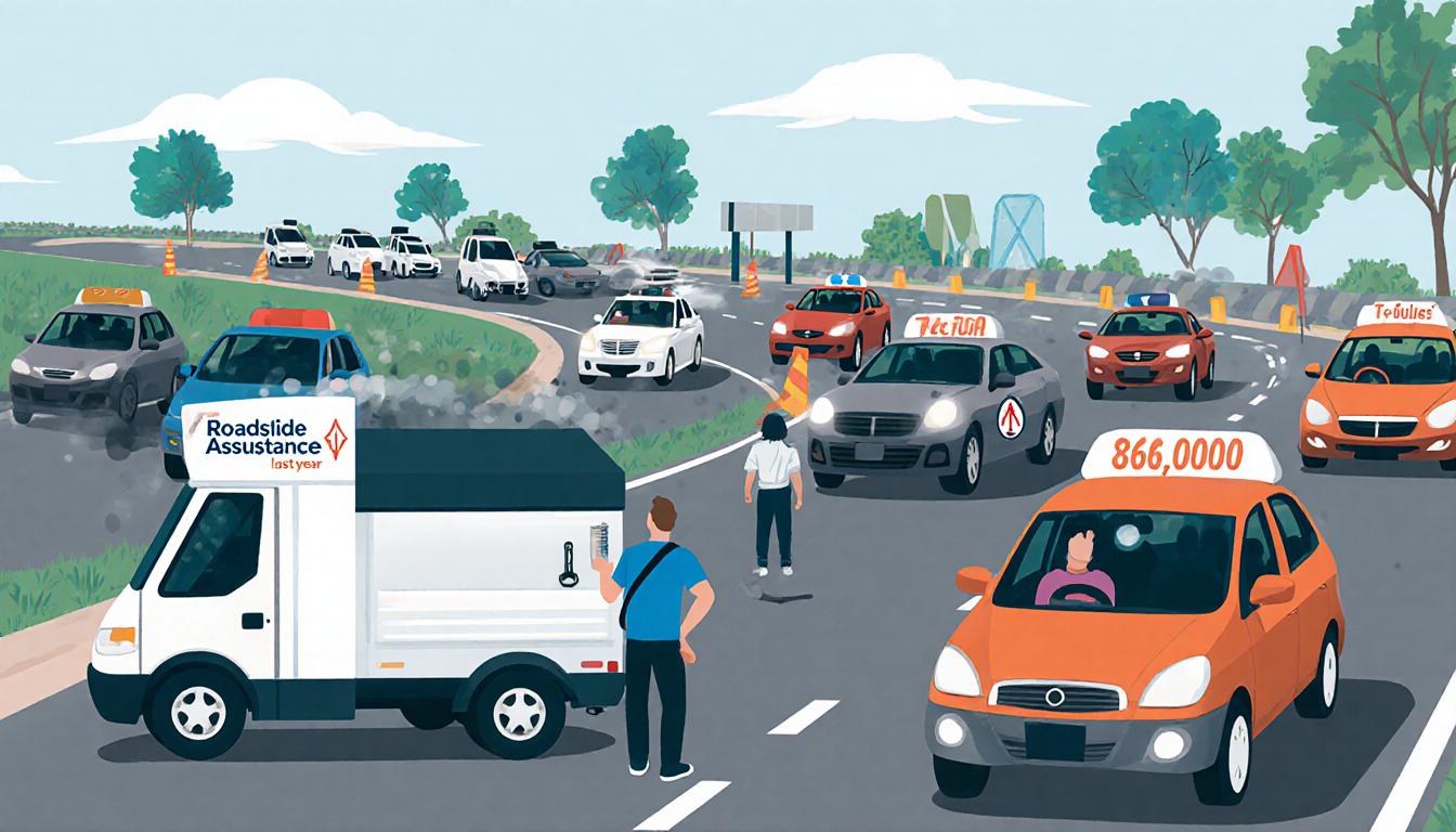 Driver keeping a safe distance speeds ahead with crowded road background and roadside assistance truck nearby road safety.