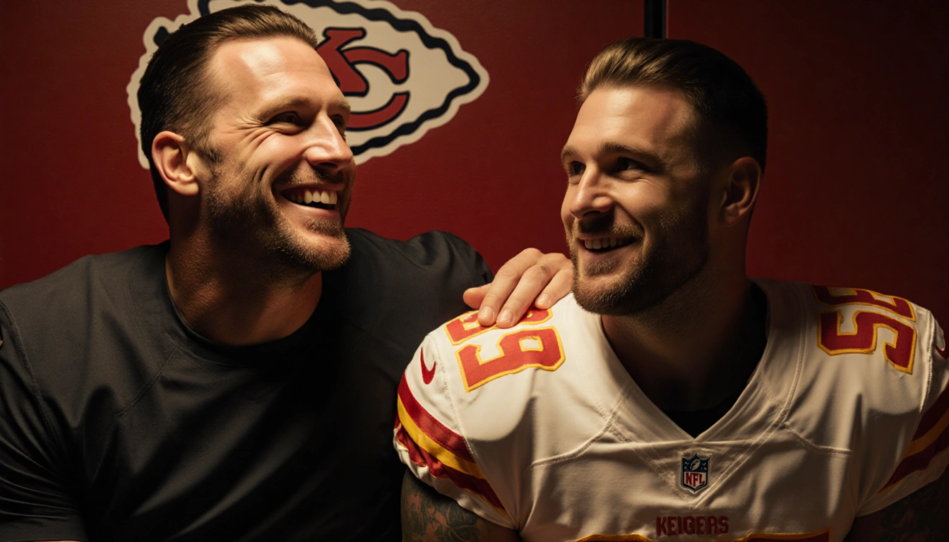Rob Gronkowski sits beside Travis Kelce smiling with hand on shoulder in a dim Chiefs locker room.