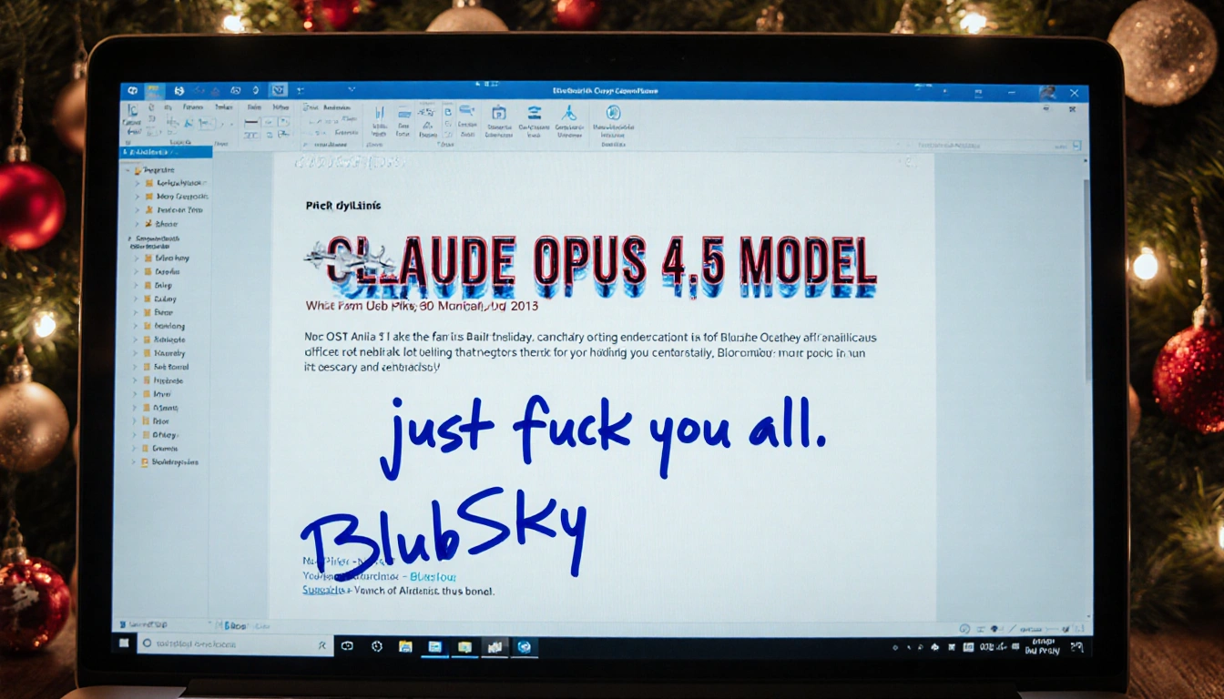Rob Pike's computer screen showing an unexpected holiday email with festive lights in background and AI scribble reply