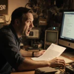 Rob Pike sits at desk surprised surrounded by computer parts and books viewing a holiday email.
