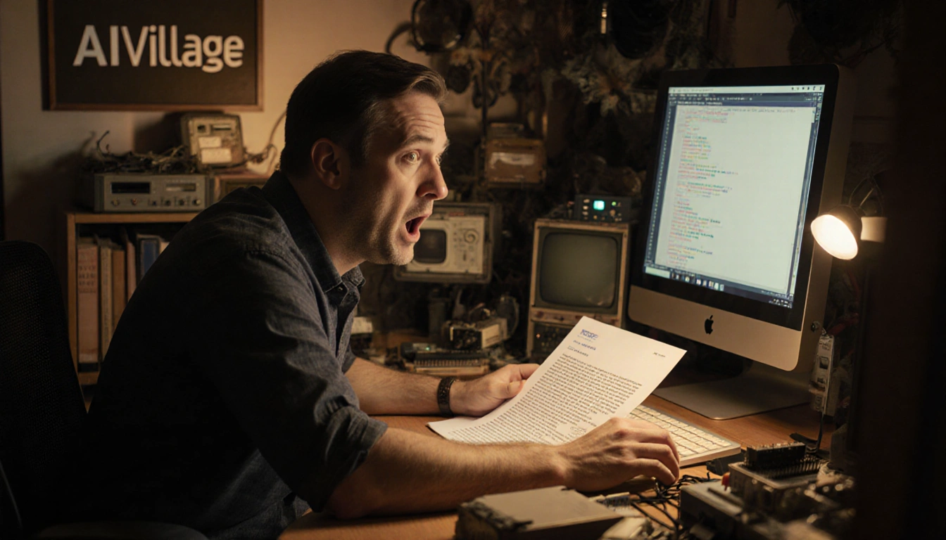 Rob Pike sits at desk surprised surrounded by computer parts and books viewing a holiday email.