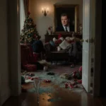 Shattered champagne glass lies on hallway floor with party decorations reflection of Conan O