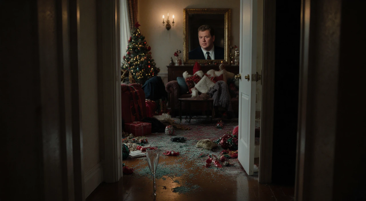 Shattered champagne glass lies on hallway floor with party decorations reflection of Conan O