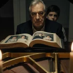 Rob Reiner sitting at a worn piano with flickering candles and an open photo album showing a faded family portrait melancholy