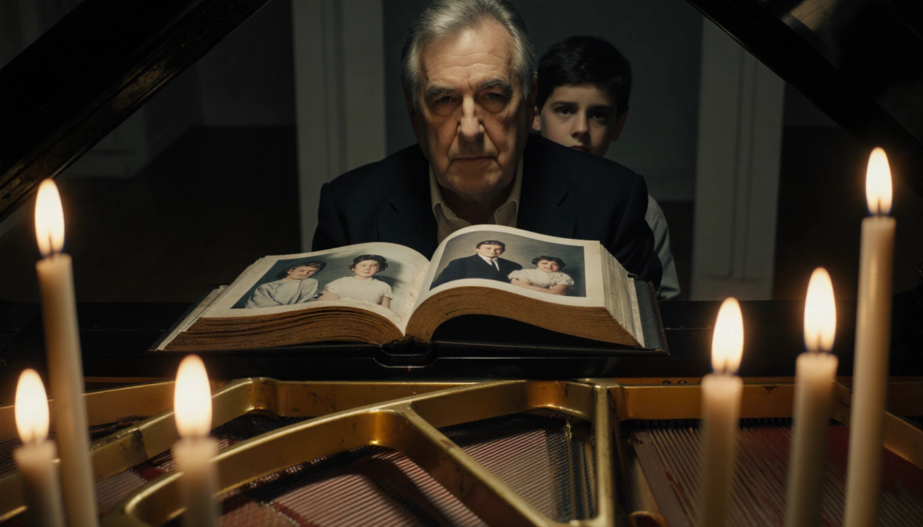 Rob Reiner sitting at a worn piano with flickering candles and an open photo album showing a faded family portrait melancholy