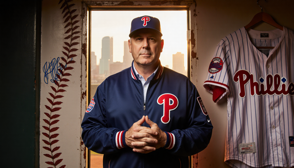 Rob Thomson stands proudly with hands clasped in front of dugout door and skyline gold light on a Phillies jersey on the wall