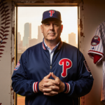 Rob Thomson stands proudly with hands clasped in front of dugout door and skyline gold light on a Phillies jersey on the wall