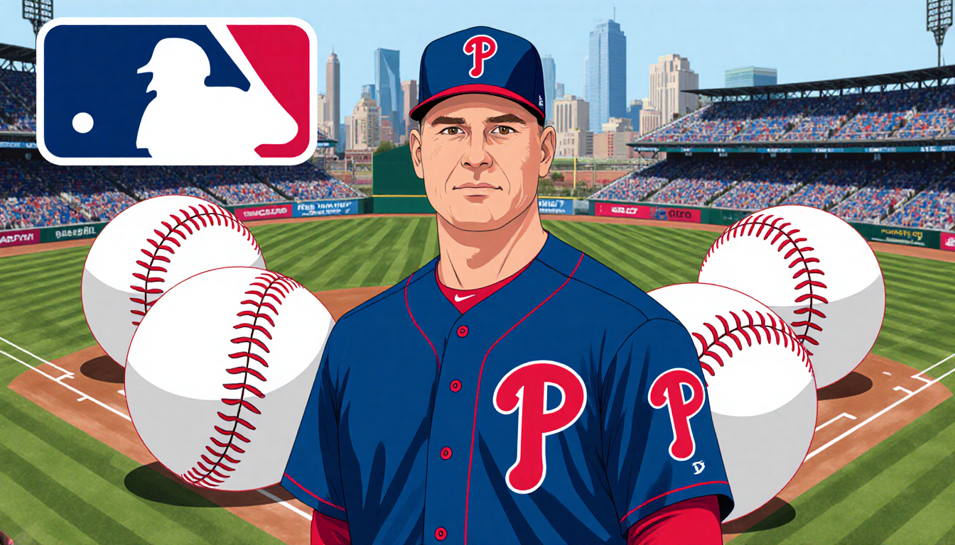 Rob Thomson standing in front of a baseball diamond with four baseballs around him and Phillies logo cityscape in background