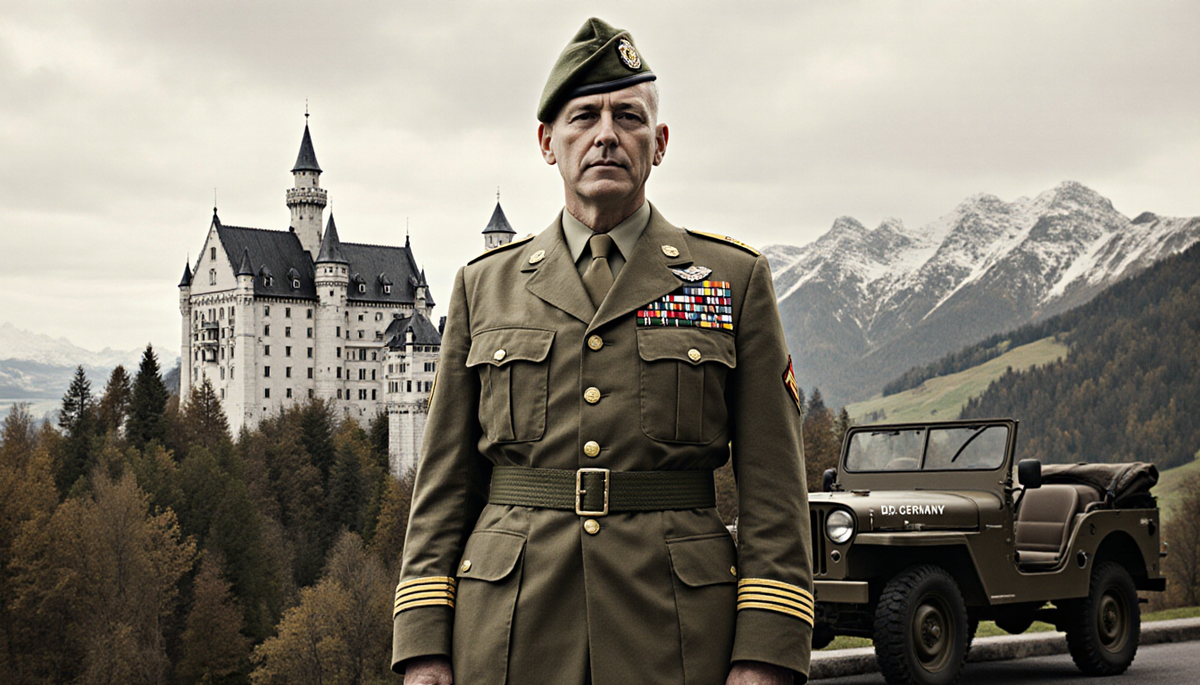 Robinson standing proudly with a tank and Neuschwanstein Castle in German landscape behind him