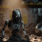 Robot prototype looks frustrated with tangled cables around its face and warning tape beside broken body cluttered workshop