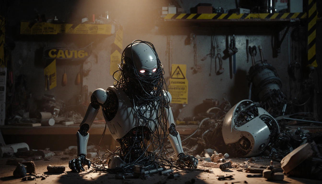 Robot prototype looks frustrated with tangled cables around its face and warning tape beside broken body cluttered workshop
