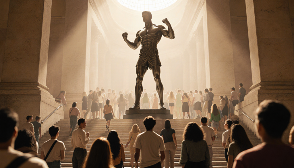 Rocky statue stands proud with fists clenched and gaze upward amid golden light of Philadelphia Museum with crowd looking up