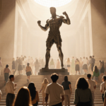 Rocky statue stands proud with fists clenched and gaze upward amid golden light of Philadelphia Museum with crowd looking up