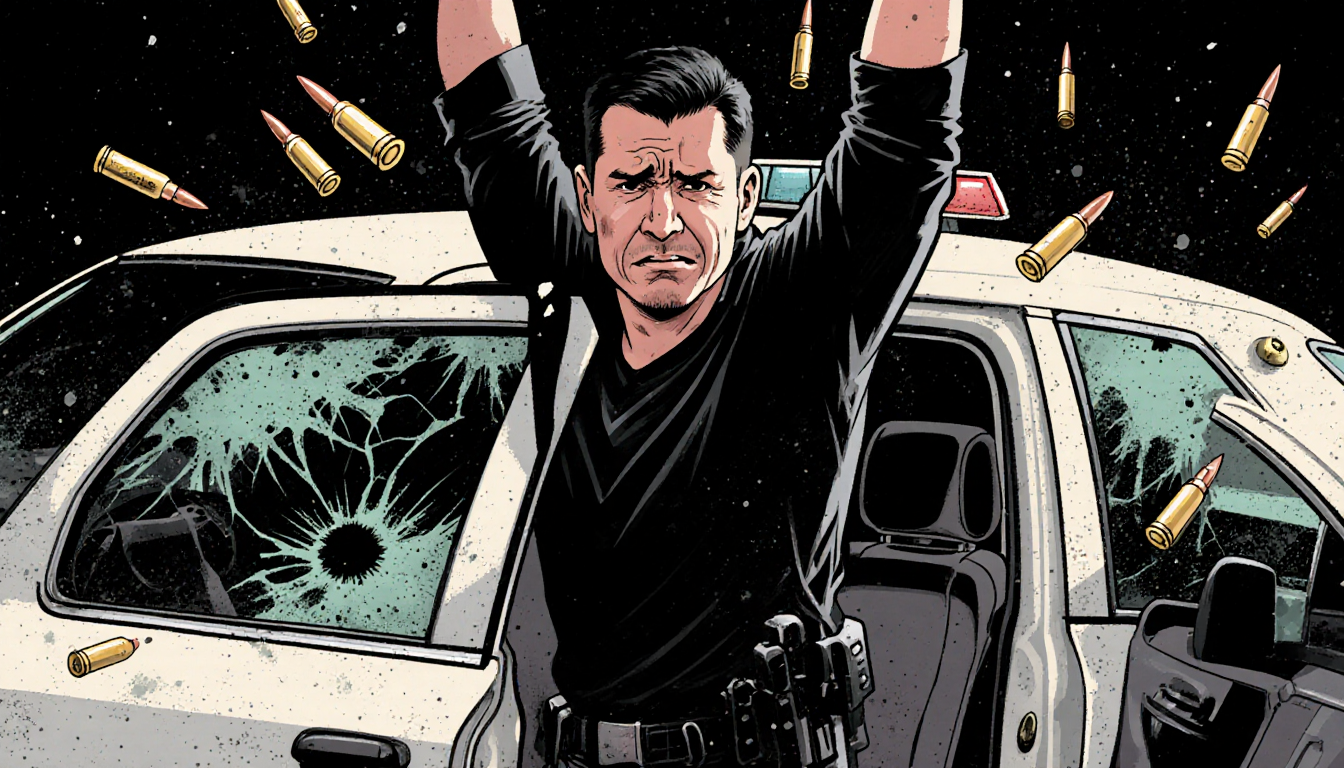 Romanczuk stepping out of car with arms raised bullets strike him and patrol car background.