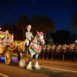 Equestrian team standing beside a golden carriage with costumes and floral garlands under Rose Parade lantern light