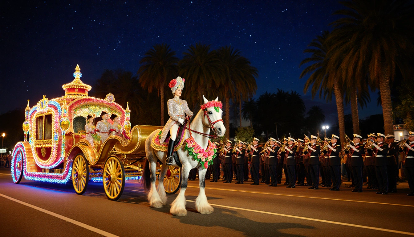Equestrian team standing beside a golden carriage with costumes and floral garlands under Rose Parade lantern light