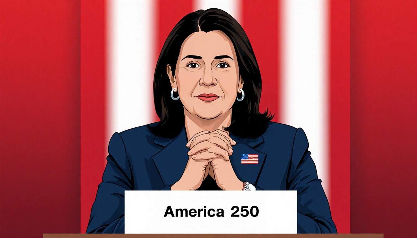 Rosie Rios stands with her hands clasped beside the words America250 on a red-white flag, exuding leadership and pride.