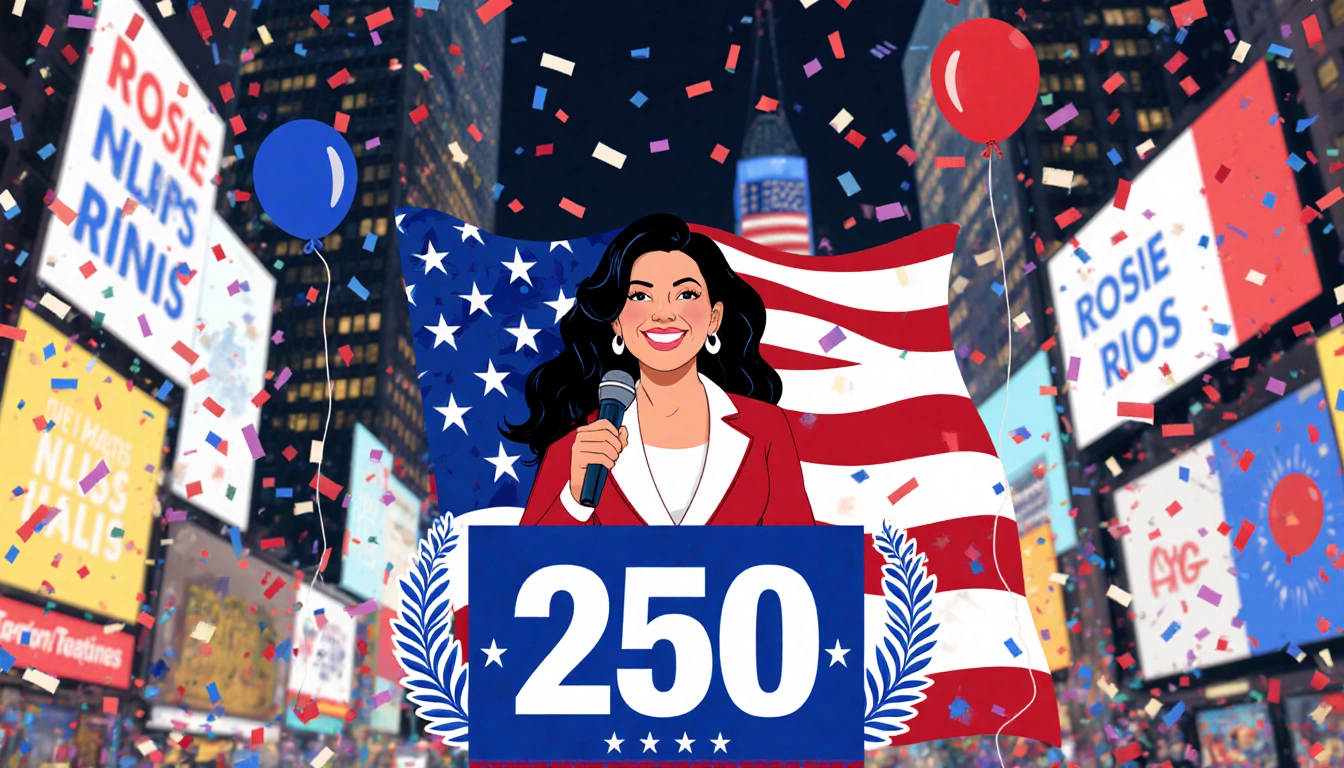 Rosie Rios smiles holding microphone with red white blue outfit and a banner showing 250 behind a stylized American flag