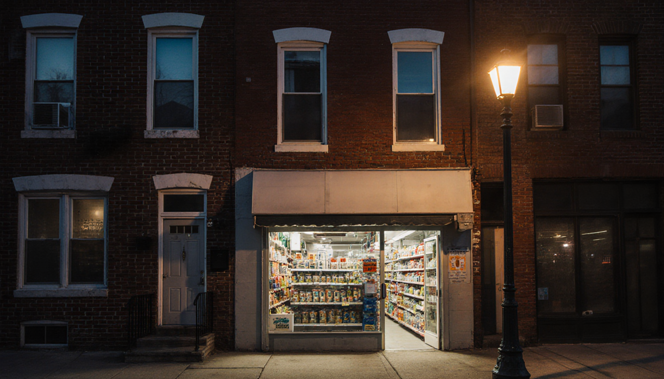 Rowhome displays an open convenience store with neat shelves and a warm streetlamp glow.