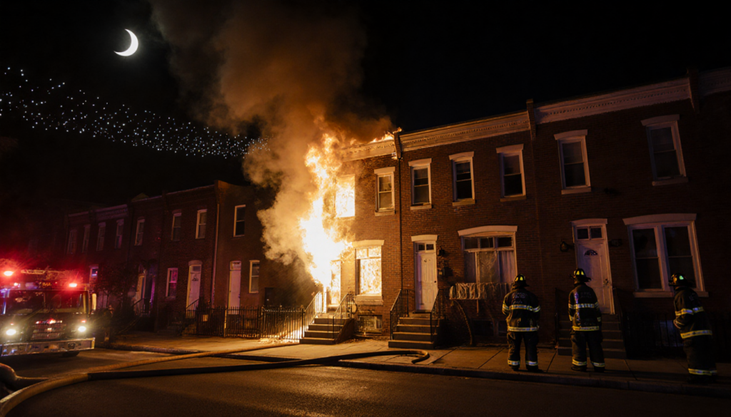 Rowhome burning with flames and smoke with firefighters standing watch at the curb at nighttime
